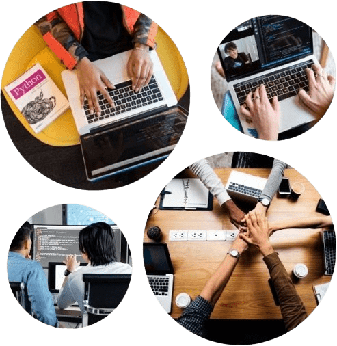 A collage of four photos of individuals coding or programming, 
              symbolizing teamwork at Acceleratron-Pune, Kolkata . The top left photo has a Python book.