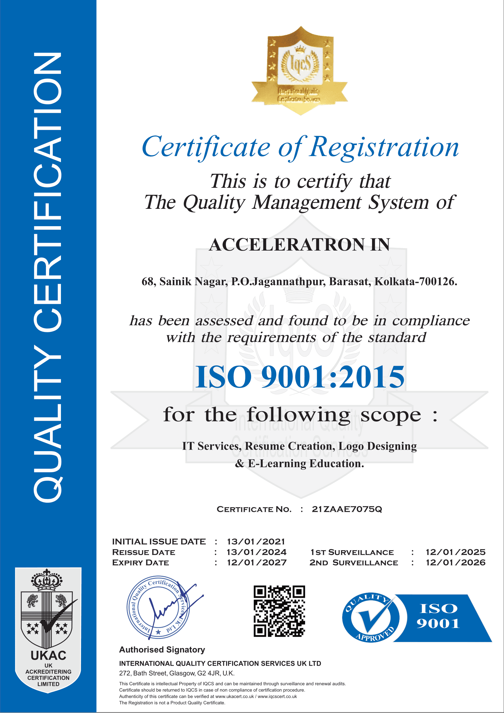 ISO 9001 Certification of Acceleratron - Pune, Kolkata.